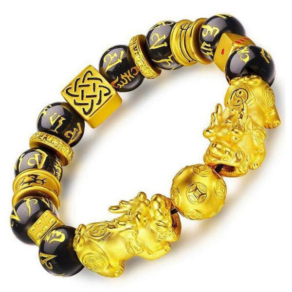 Features bold gold-plated double Pixiu charms and geometric spacers alternating with glossy black obsidian beads engraved with mantras.