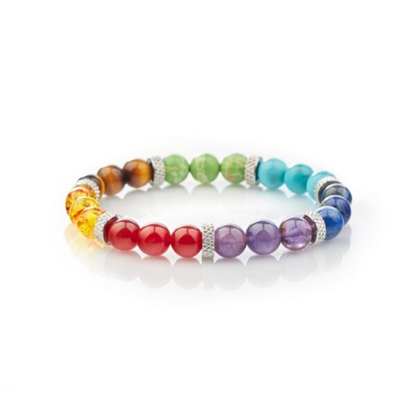 A colorful beaded bracelet showcasing seven distinct gemstone hues separated by textured silver spacers on a rustic wood background.