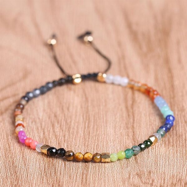 Two adjustable beaded bracelets featuring a spectrum of colorful chakra stones and mixed earth-toned gemstones set against black cords with gold accents.
