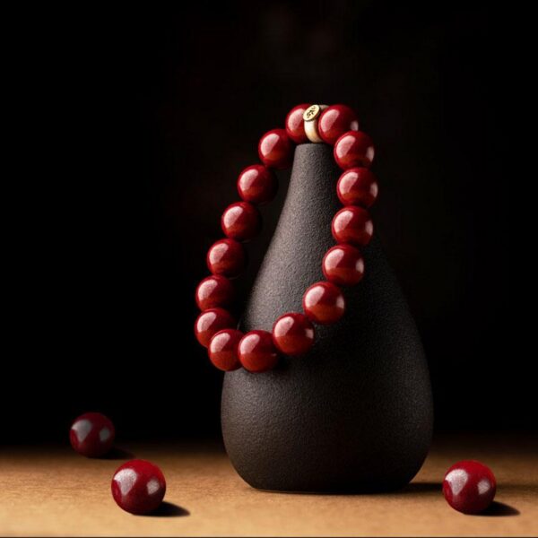 Glossy deep red cinnabar beads strung together with metallic guardian deity charms, displayed on rustic wood before a golden Buddha statue.
