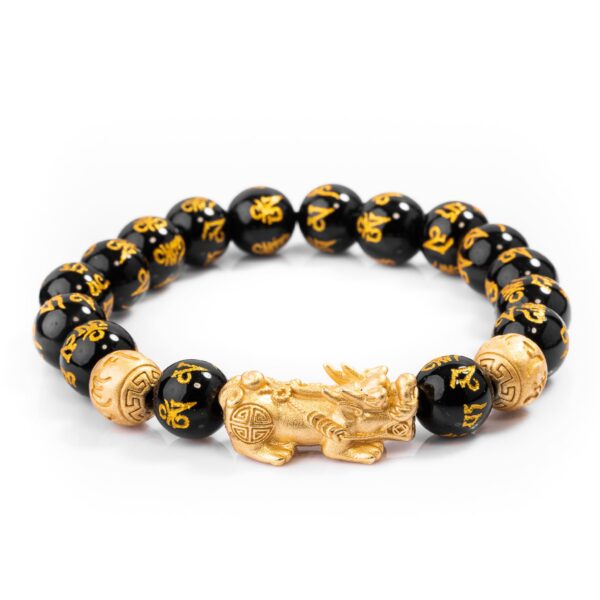 Glossy black obsidian beads engraved with golden mantras are centered by a detailed gold Pixiu beast and coin charms.