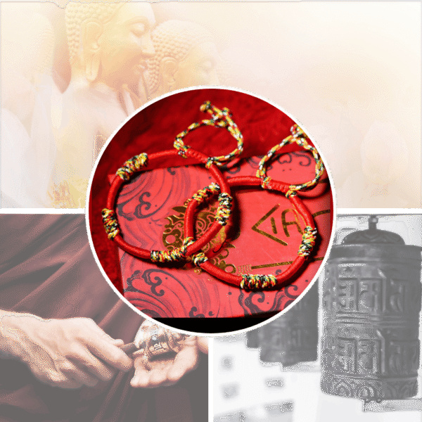 A woven adjustable string bracelet featuring interlaced threads of red, green, yellow, white, and black representing the sacred Panchavarna.