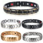 A collection of robust link-style bracelets in black, silver, and gold tones featuring embedded magnetic nodes on the inner surface.