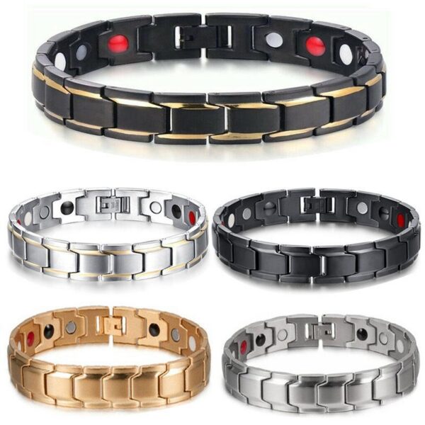 A collection of robust link-style bracelets in black, silver, and gold tones featuring embedded magnetic nodes on the inner surface.