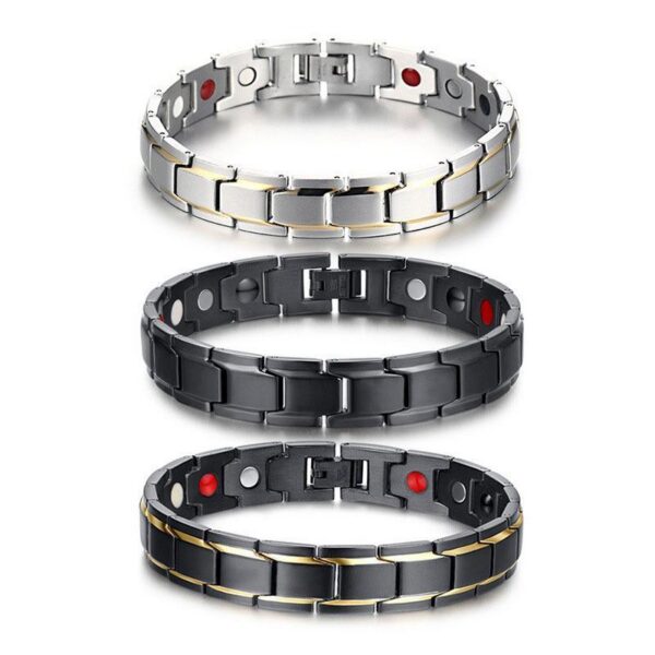 A collection of robust link-style bracelets in black, silver, and gold tones featuring embedded magnetic nodes on the inner surface.