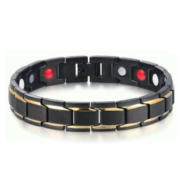 A collection of robust link-style bracelets in black, silver, and gold tones featuring embedded magnetic nodes on the inner surface.
