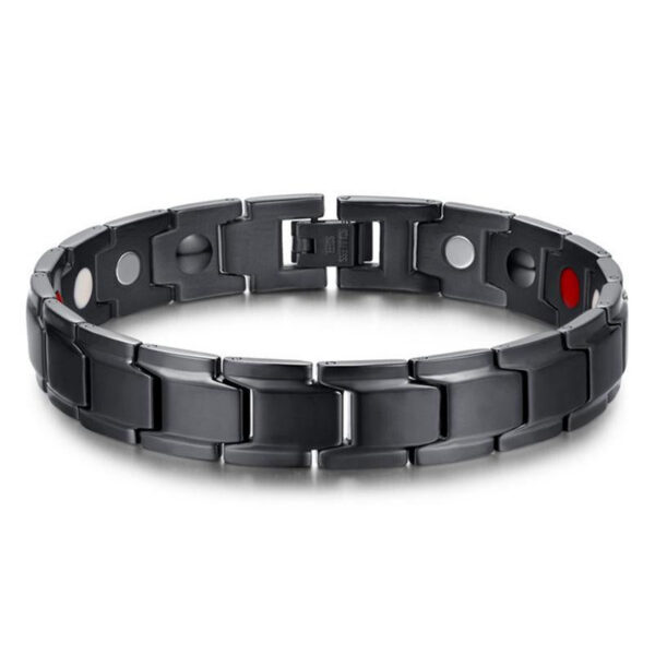 A collection of robust link-style bracelets in black, silver, and gold tones featuring embedded magnetic nodes on the inner surface.
