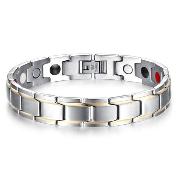 A collection of robust link-style bracelets in black, silver, and gold tones featuring embedded magnetic nodes on the inner surface.