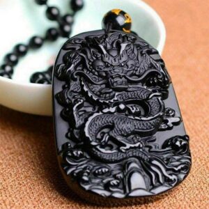 Natural Black Obsidian Dragon Necklace – Protection, Luck, Success - Water element crystal for love