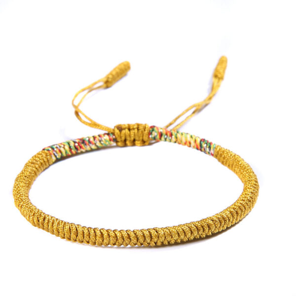 Four intricately braided cord bracelets in black, white, gold, and multi-colors featuring adjustable sliding knots.