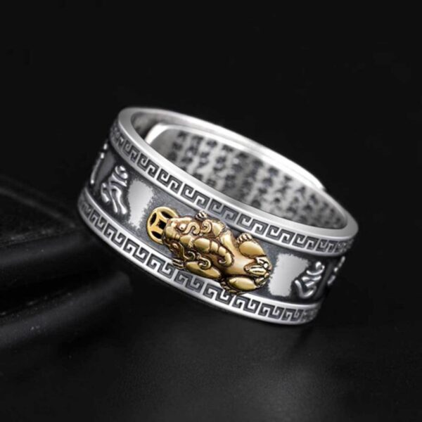 A striking silver-toned band featuring a detailed gold Pixiu creature surrounded by geometric patterns and sacred mantra engravings on the interior.