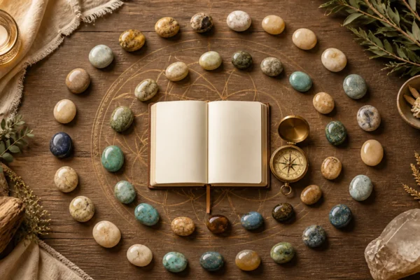 Thirty stones arranged around a journal for a spiritual action plan