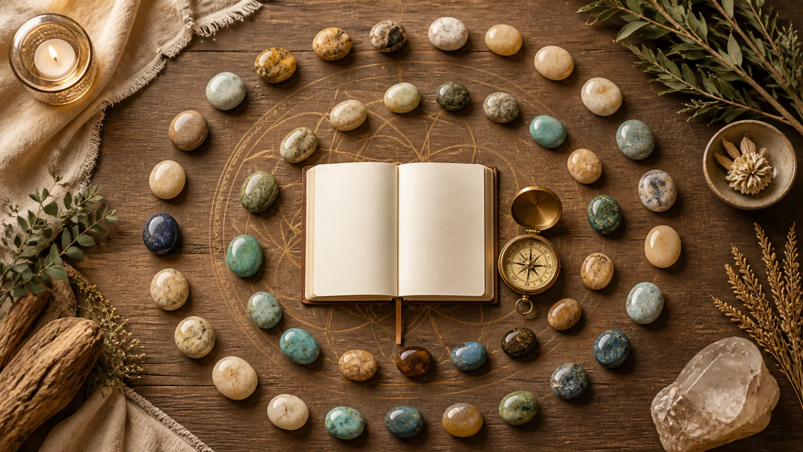 Thirty stones arranged around a journal for a spiritual action plan