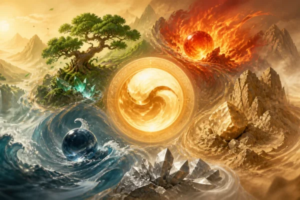 Five Elements surrounding a luminous BaZi Day Master symbol