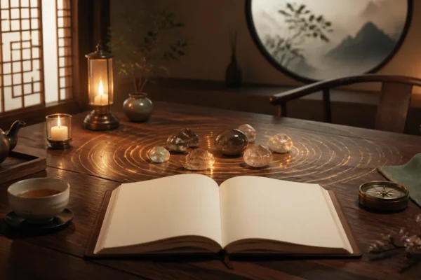 Open journal, crystals, and compass prepared for a Sacred Reading