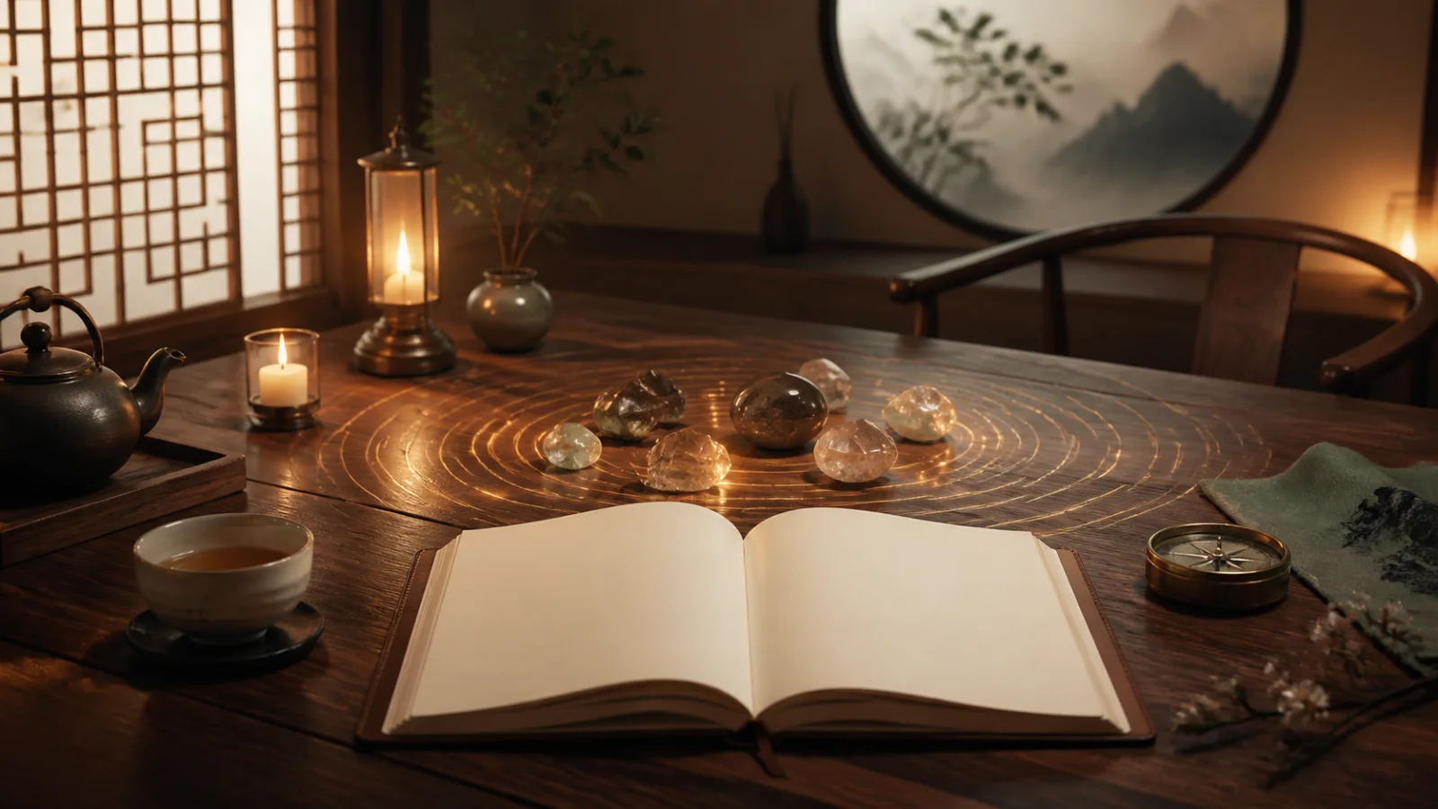 Open journal, crystals, and compass prepared for a Sacred Reading