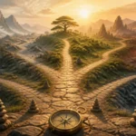 Elemental crossroads and compass representing a grounded career decision