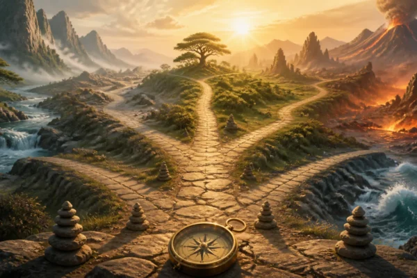 Elemental crossroads and compass representing a grounded career decision