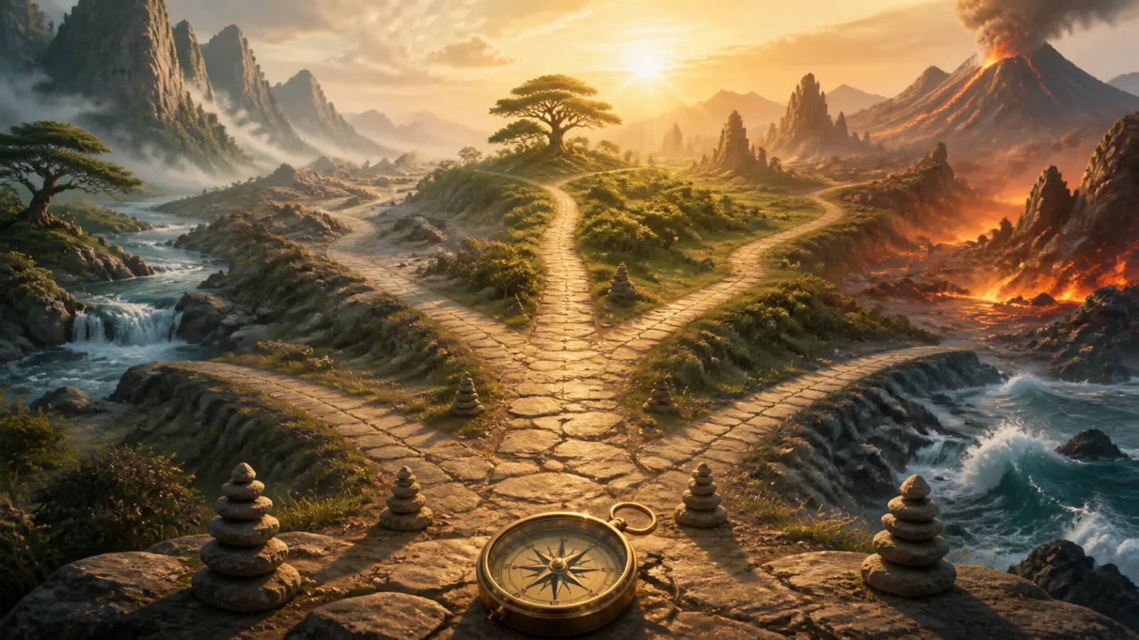 Elemental crossroads and compass representing a grounded career decision