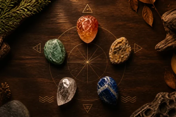 Five natural crystals arranged as a Five Elements compass
