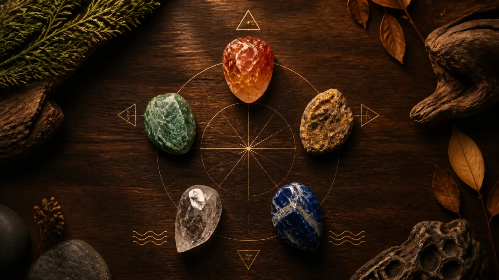 Five natural crystals arranged as a Five Elements compass