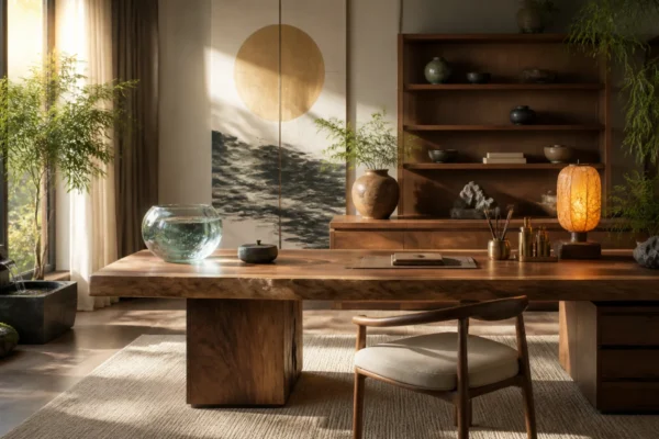 Home office balanced with Wood, Fire, Earth, Metal, and Water elements