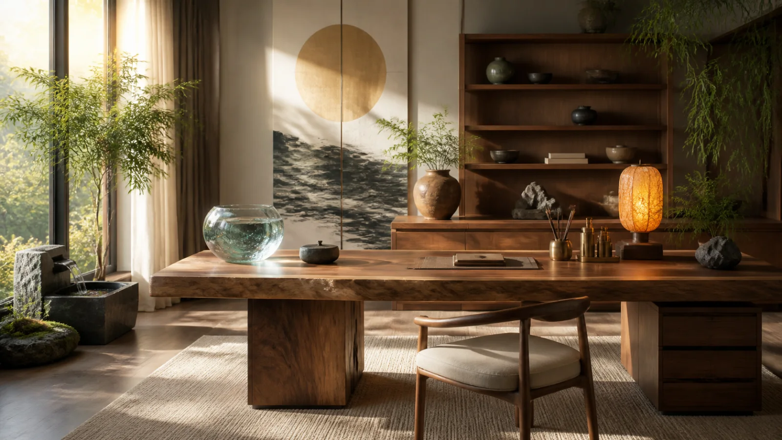Home office balanced with Wood, Fire, Earth, Metal, and Water elements