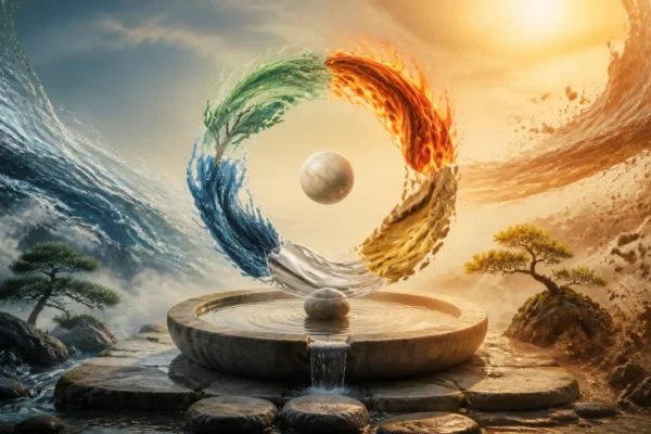 Five elemental ribbons settling into a calm balanced circle