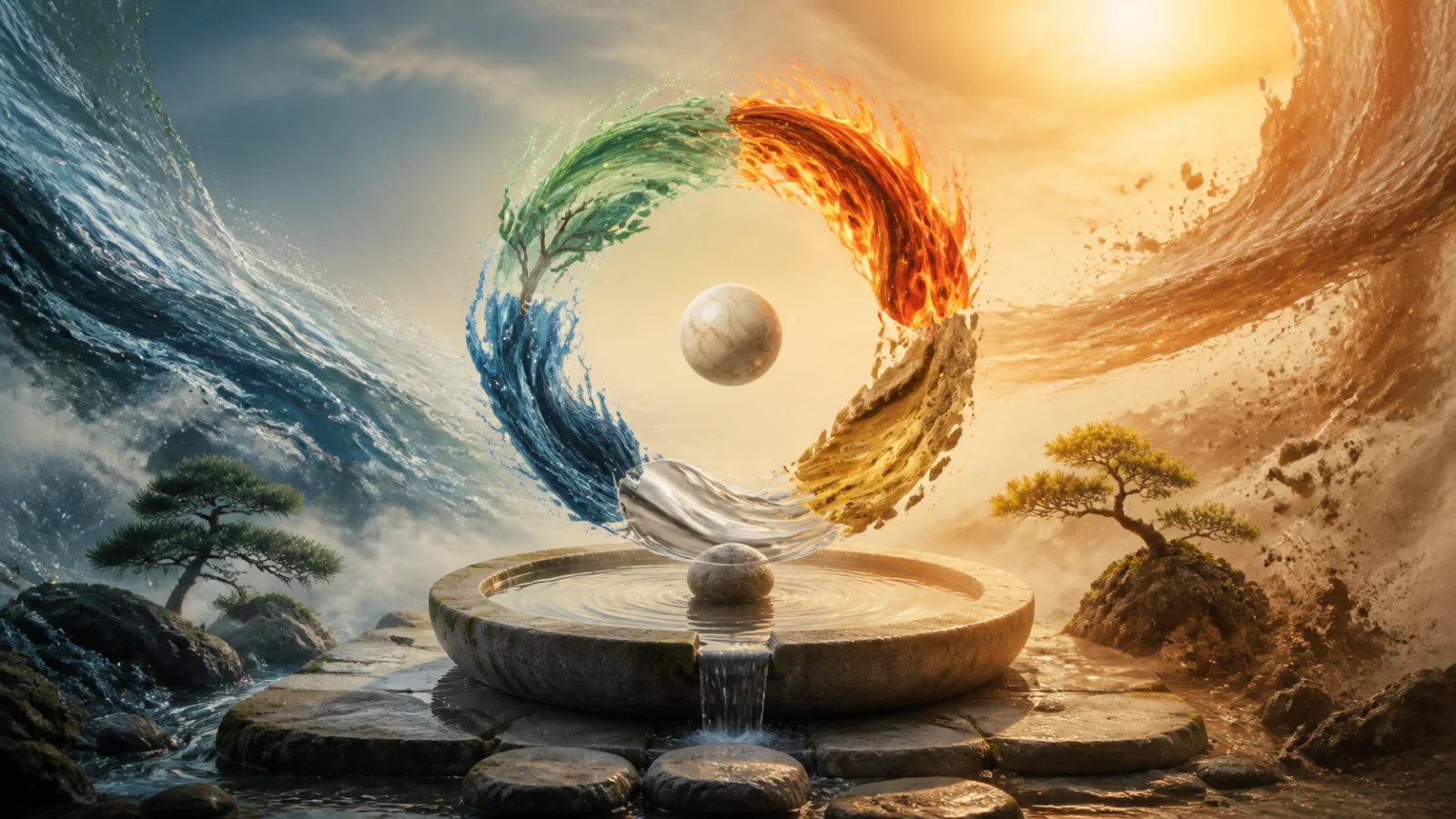 Five elemental ribbons settling into a calm balanced circle