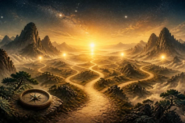 Open paths and compass representing free will in spiritual guidance