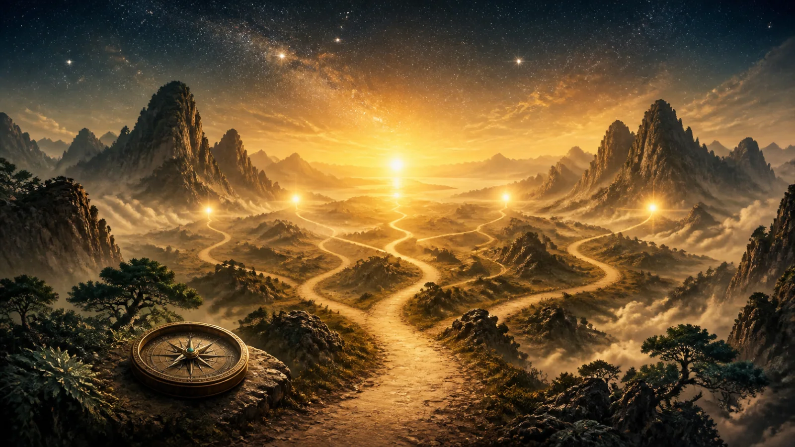 Open paths and compass representing free will in spiritual guidance